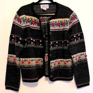 Vintage A Tally Ho Black Wool Button Front Floral Embellished Sweater - Large